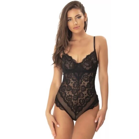 Oh La La Cheri Tops - Oh La La‎ Cheri Paris Unlined Teddy Floral Lace 51-11053 (Size L, Black)